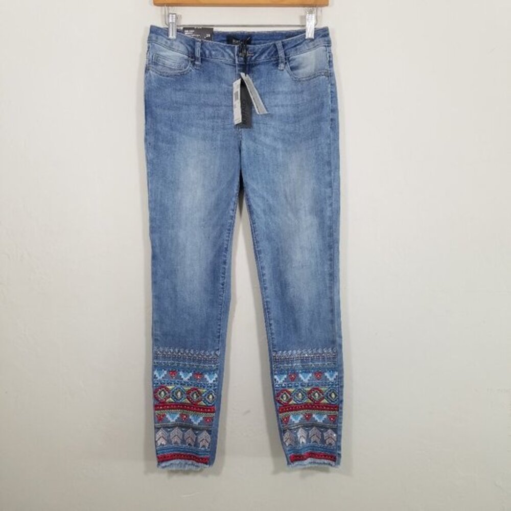 NWT Buffalo David Bitton Mid Rise Skinny Embroidered Raw Hem Stretch Jeans 28